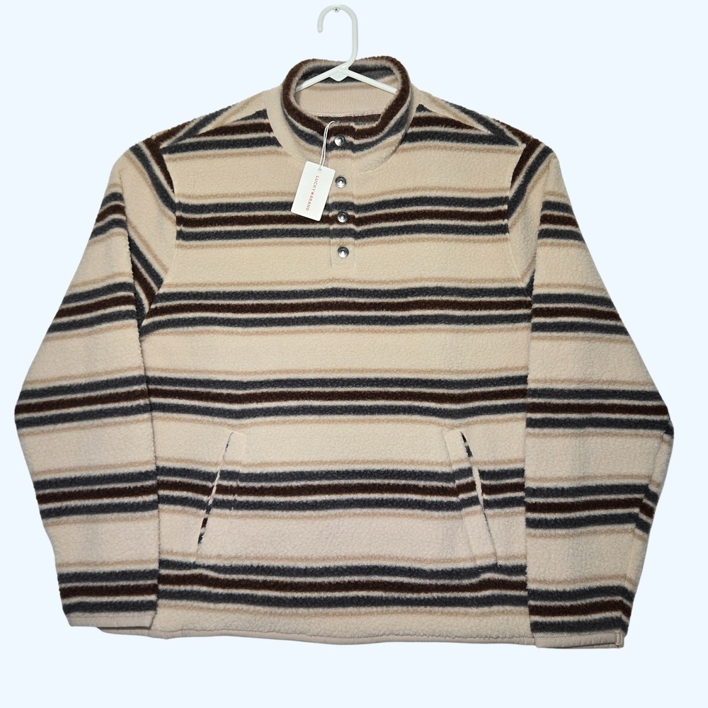 NEW Lucky Brand Striped Fleece Snap Mock Neck Pullover Beige Brown Mens Large
